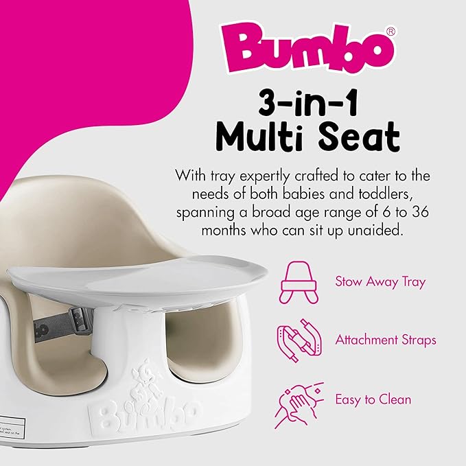 Bumbo 3-in-1 Multi-Seat for 6 to 36 Months, Travel Baby Feeding & Play Floor Seat, All-in-One Portable Booster with Tray & Toddler High Chair, Taupe