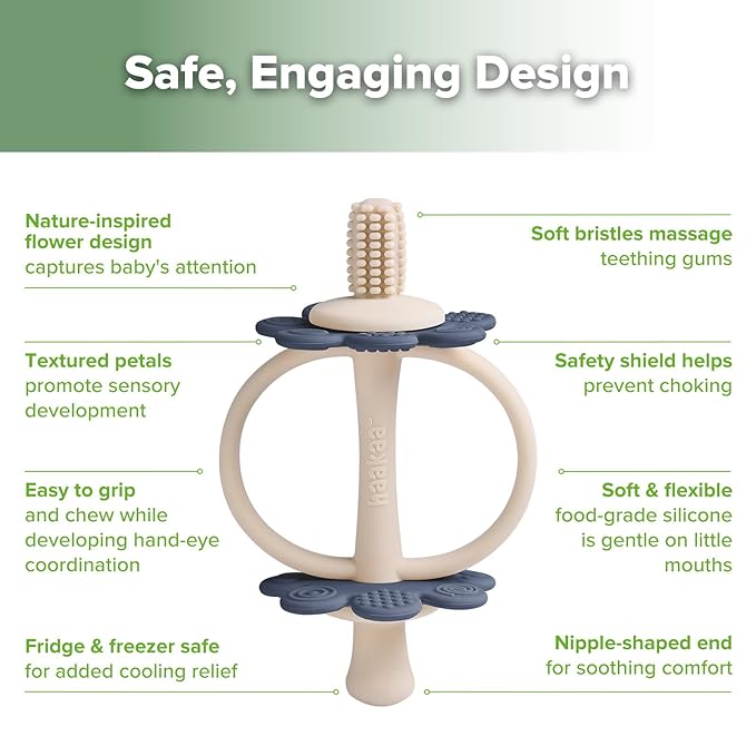 haakaa Silicone Teething Toy,Nipple-Shaped End for Gum Massage,360° Baby Toothbrush Head for Self-Brushing Training,Easy to Grip-Steel Blue