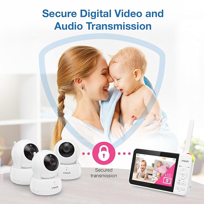 VTech Video Baby Monitor with 3 Cameras, 5" LCD Screen, Up to 17Hrs Video & 31Hrs Audio Battery Life, Night Vision, 1000ft Range, Pan-Tilt-Zoom, Lullabies, Soothing Sounds, Temperature Sensor, VM924-3