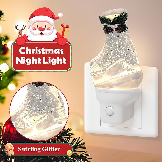 Christmas Night Light Plug into Wall Glitter Water Nightlight with USB/Outlet Options, Christmas Ski Boots Decorative Nightlight for Bedroom Kitchen Nursery Holiday Decorations Gifts (Ski Boots)