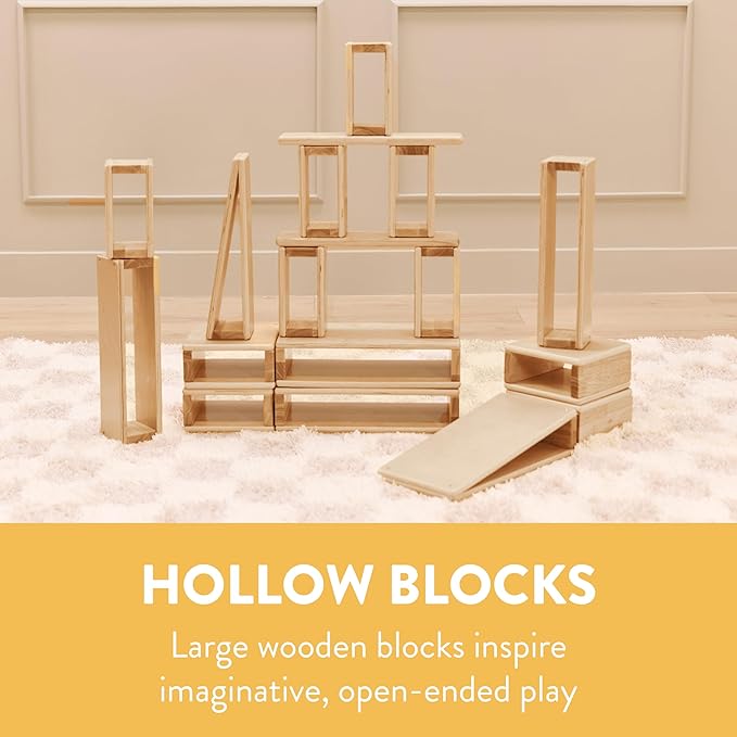 Hollow Building Blocks, Wooden Playset, Natural, 18-Piece
