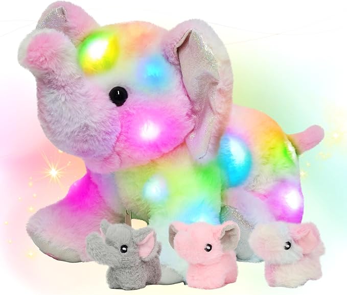 Hopearl LED Plush Colorful Elephant Light up Stuffed Mommy Elephant with 3 Baby Elephish in her Tummy Floppy Stuffed Animal Playset Night Lights Glow in The Dark Birthday Gifts for Toddlers, 18''
