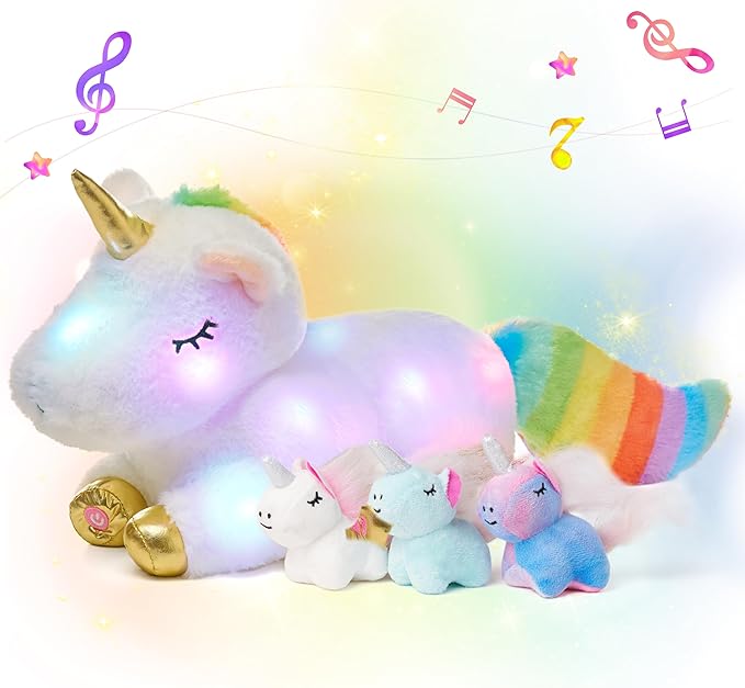 Hopearl LED Musical Stuffed Unicorn Playset Lighting Up Singing Plush Toy Mommy Unicorn with 3 Baby Unicorns in her Tummy Adjustable Volume Lullaby Animated Soothe Gifts for Kids Girls, White, 19''