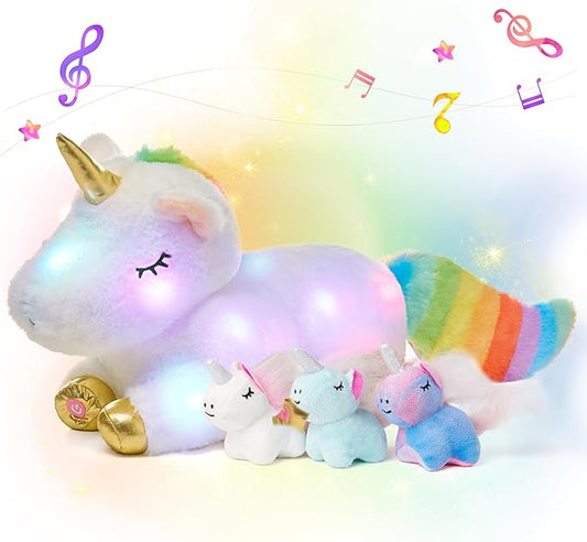 Hopearl LED Musical Stuffed Unicorn Playset Lighting Up Singing Plush Toy Mommy Unicorn with 3 Baby Unicorns in her Tummy Adjustable Volume Lullaby Animated Soothe Gifts for Kids Girls, White, 19''