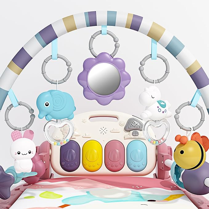 Baby Gym With Kick and Play Piano - Activity Mat for Tummy Time With 5 Infant Learning Sensory, Music and Lights for Newborn Boy or Girl (Pink)