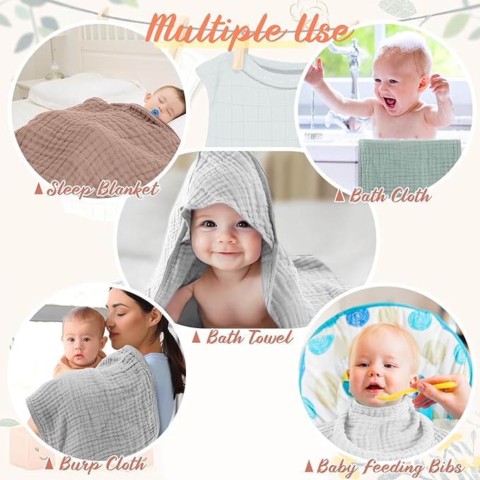 VitalCozy 8 Pcs Baby Muslin Hooded Bath Towels and Washcloths, 32 x 32 Inch Muslin Cotton Absorbent Hooded Blankets for Gift Newborn Infant Shower (Grey, Blue)