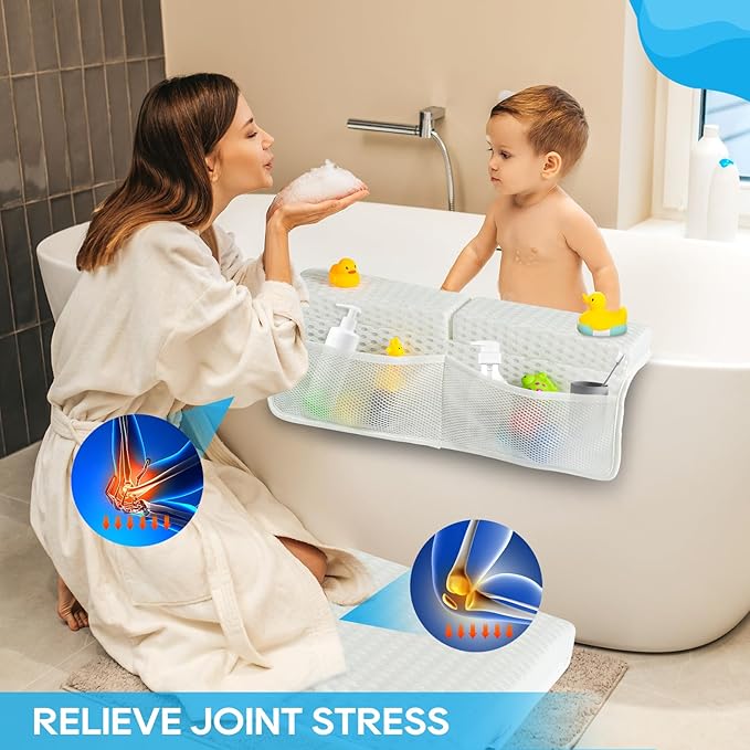 OS OMYSTYLE Baby Bath Kneeler and Elbow Rest Pad Set, 1.5'' Thick Quickly Dry Bathtub Kneeler Pad with Baby Toys & Bath Accessories Organizer, Kneeling and Elbow for Tub, Non-Slip Mat(White)