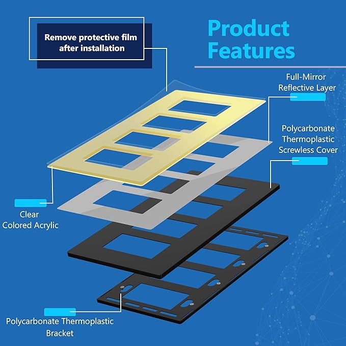 LIDER Quadruple Decorator Wall Plate, Impact Resistant, Mirrored Acrylic, Plexiglass, Reflective Finish Modern Upgrade Screwless Light Switch/Outlet Cover Mid-Size 4-Gang 4.88" x 8.58" Gold