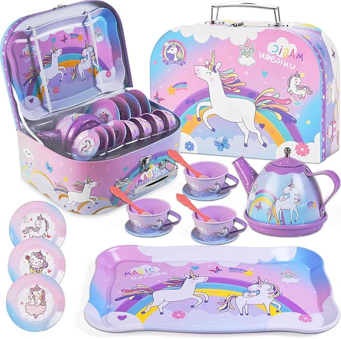 19Pcs Unicorn Tea Party Set – Birthday Gift for Girls Ages 3-6, Princess Pretend Play Kitchen Toy with Tin Tea Set