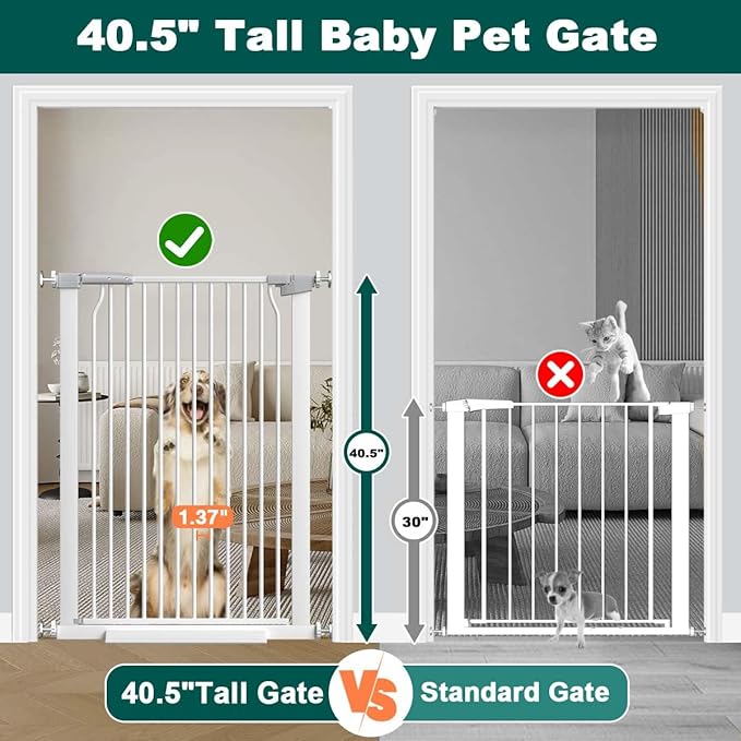 Fairy Baby 40.5" Extra Tall Baby Gates for Doorways, 54.8"-60.2" Extra Wide Dog Pet Gate for House, Metal Pressure Mounted Walk Through Baby Gate, No Drill Safety First Child Gate for Doorways, White