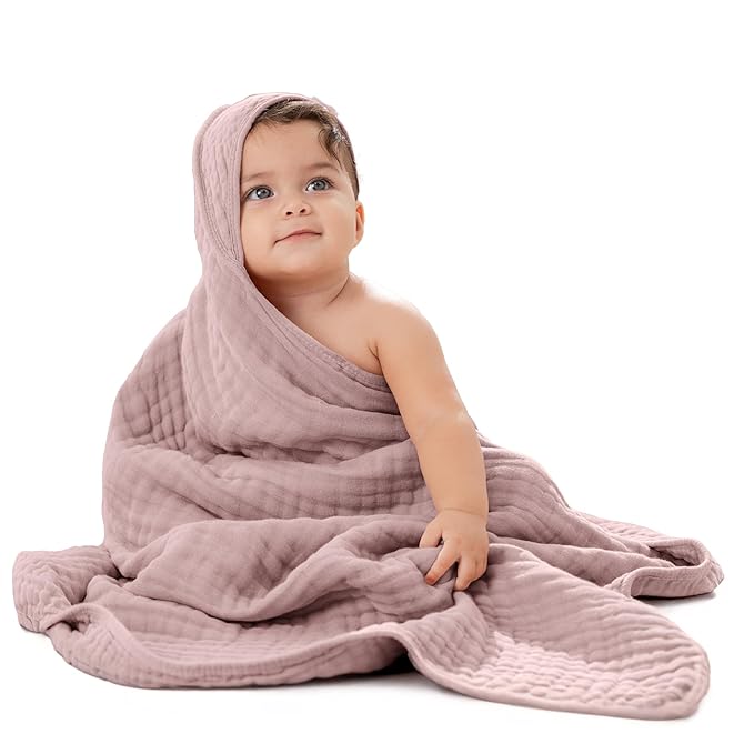 Comfy Cubs Hooded Baby Towel 1-Pack, Large 32 x 32 Inch - 6 Layer 100% Muslin Cotton for Babies, Toddlers and Kids - Soft & Absorbent Baby Bath Towels - Unisex Design for Bath Time - Mauve