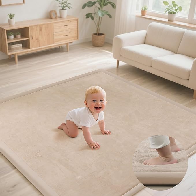 Baby Play Mat for Floor, 1.3"Thick Extra Large Cushioning Memory Foam Playpen Mat, Soft Coral Velvet Baby Crawling Mat with Non-Slip Backing for Toddlers,Infants,Kids,Yoga Mat (Khaki 79"×118"×1.3")