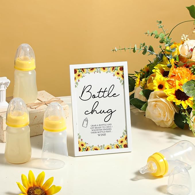 Roowest Bottle Chug Baby Shower Game Favors Including Sunflower Theme Wooden Sign and 18 Pcs Baby Bottles for Gender Reveal Party Supplies