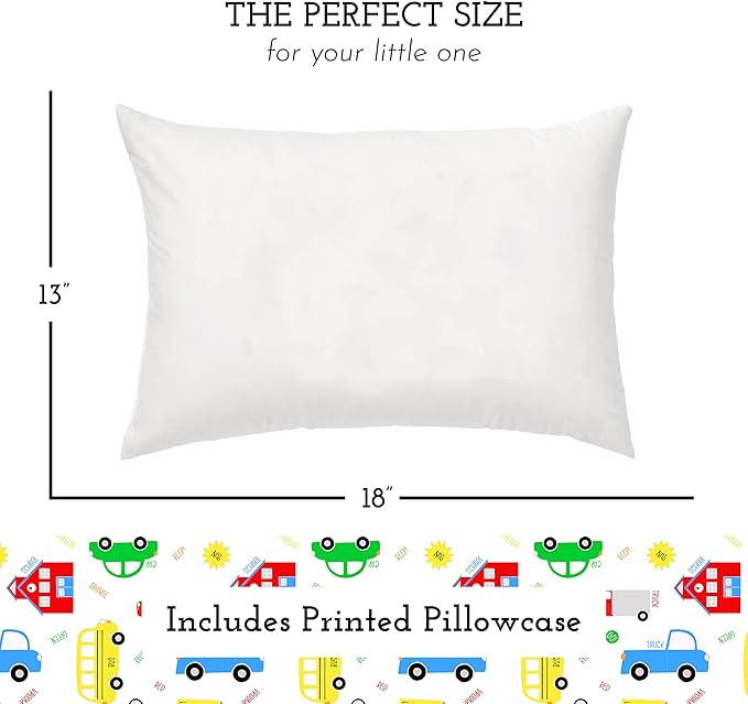Little Sleepy Head Toddler Pillow with Pillowcase 13x18 - Kids Pillow for Sleeping - Better Neck Support Ergonomic Pillow and Toddler Pillowcase - Best Pillows for Kids(Trucks 'N Cars)