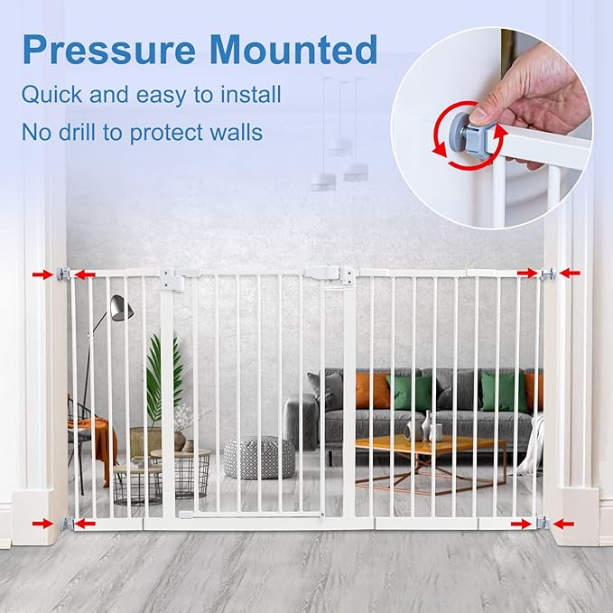 Kinfant Extra Wide Baby Gate - 58-Inch White Doorway & Stair Gate, Tall & Adjustable Extension Pressure Pet Gate, with Extension Kit, Pressure Mount Kit, Wall Cups