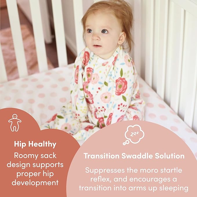 SleepingBaby Zipadee-Zip Transition Swaddle - Cozy Fleece Wearable Blanket with Two-Way Zipper for Baby Sleep - Pretty Poppy, X-Small (3-6 Month)