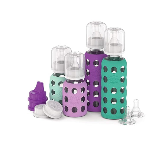 Lifefactory Baby Bottle Starter Set 10-Piece | 4 oz Mint & Lavender, 9 oz Kale & Grape | Includes Flat Caps, Sippy Caps, Stage 2 Nipples