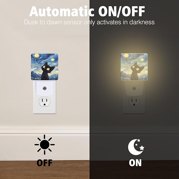 Starry Night Black Cat Night Lights Plug into Wall for Girls Boys Room, Night Lights LED Lamp with Dusk to Dawn Sensor Nightlight for Bedroom Kitchen Bathroom Hallway Home Wall Decor