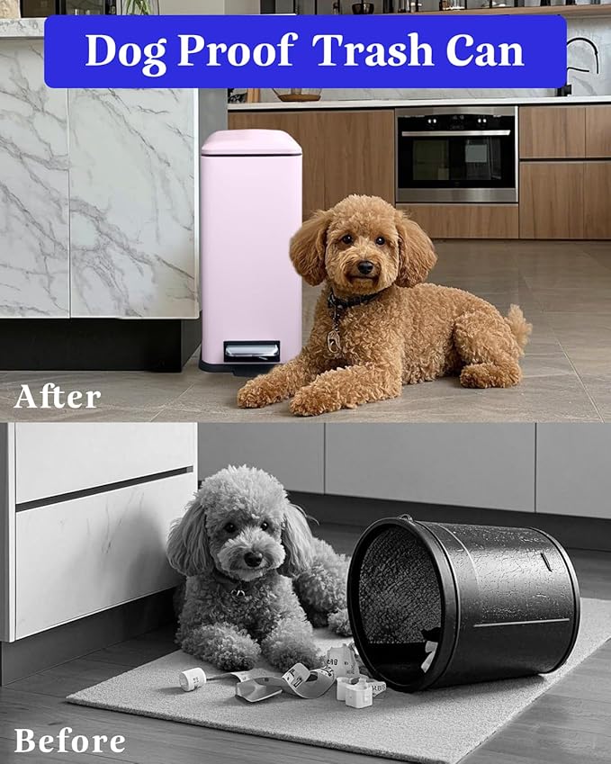 Bathroom Trash Can with Lid, 16.7L/ 4.4 Gallon Trash Can with Removable Inner Bucket, Soft Close lid, Stainless Steel Step Pedal Garbage Can for Bedroom, Kitchen, Home Office, Pink