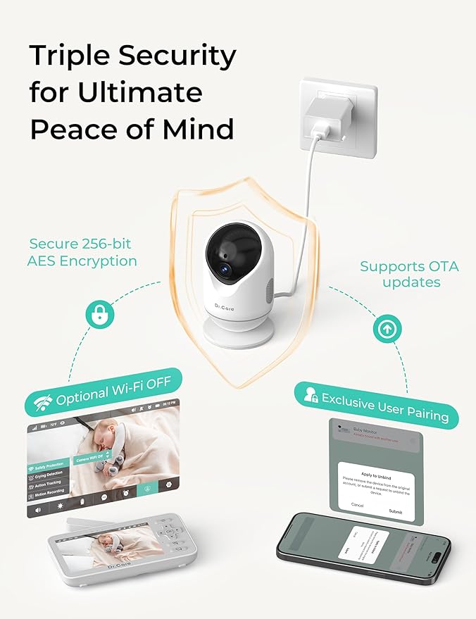 Dr.Care VistaView Lite Smart WiFi Baby Monitor with 2 Cameras- 4” 720P Split Screen & 1080P Camera App Control, Motion Alerts, HD Night Vision, 2-Way Talk, Triple Security, Video Recording