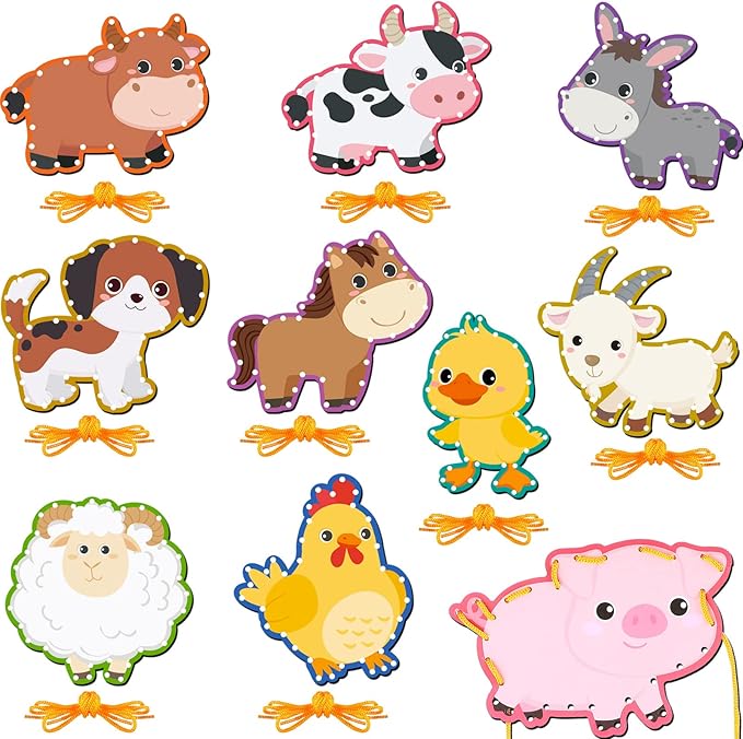 Pajean 10 Pieces Kids Farm Animal Lacing Cards Cardboard Sewing Cards Sturdy Double Sided Lacing Playing Games for Children Developing Imagination Education Supplies