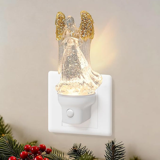 Christmas Angel Night Light Plug into Wall Glitter Water Nightlight with USB/Outlet Options, Christmas Decorative Nightlight for Bedroom Kitchen Nursery Holiday Decorations Gifts (Angel)