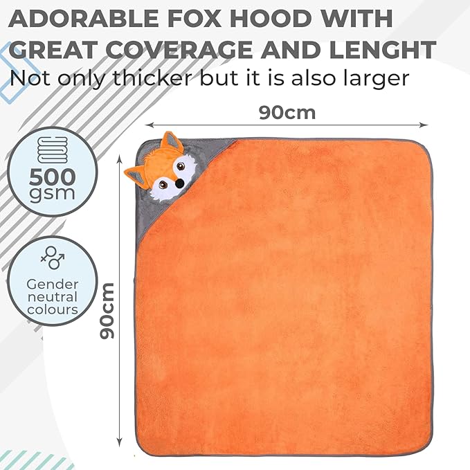 Munich Blue Toddler Bath Towel & Baby Bath Towels - Extra-Large, Plush, and Absorbent Toddler Towels - Cute Fox Face Design Vibrant Orange - Hooded Baby Towels, Soft Bamboo Viscose, Newborn Essential