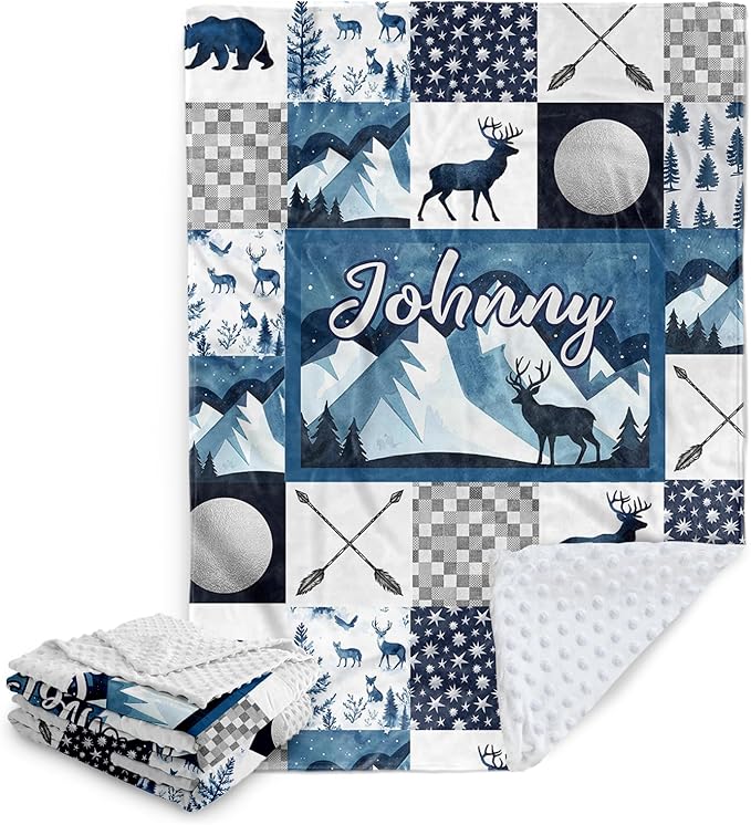 Personalized Woodland Deer Baby Blanket with Name, Custom Baby Name Blanket for Toddler Infant, Double Layer Receiving Swaddle, Customized Gifts for Newborn Shower Birthday Expect Mom(60"x80")