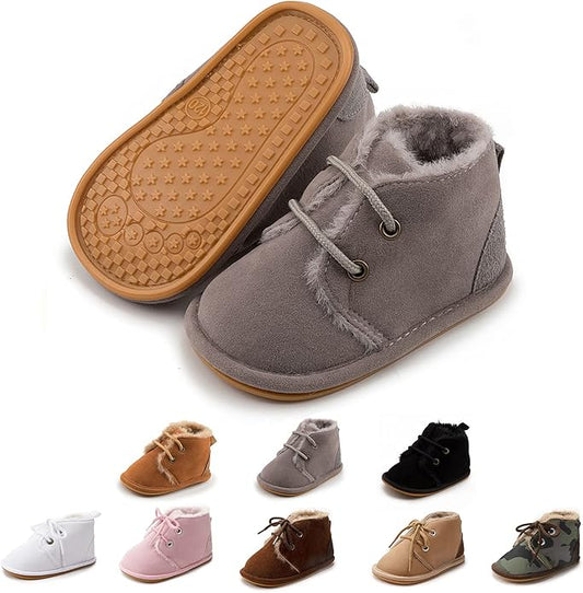 Baby Unisex Warm Snow Boots Newborn Leather Fur Lace Up Ankle Anti-Slip Rubber Texture Sole Toddler Prewalker Winter Crib Shoes