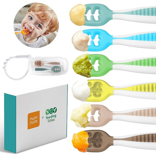 NumNum Baby Spoons Set, Feeding Littles x Silicone Pre-Spoon GOOtensils for Baby Led Weaning, Self-Feeding & Teething, First Stage Toddler Utensils for Ages 6+ Months, 6-Pack, BPA-Free (Neutral/Neon)
