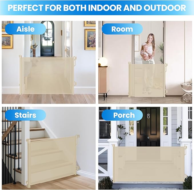 Retractable Safety Baby Gate or Mesh Dog Gate,Durable Portable Mesh Retractable Gate,Easy to Use for Stairs, Doorways, Hallways, Indoor, Outdoor, 33.5" Tall, Up to 55" Wide, Cream
