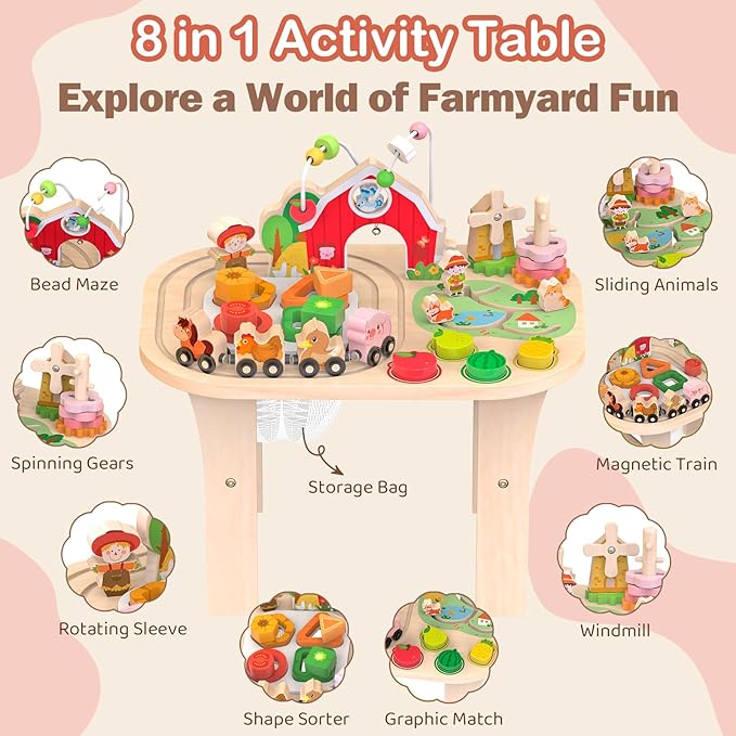 Kids Wooden Farm Activity Table for 1 2 3 Years Old, Montessori Learning Toy with Bead Maze, Shape Sorter & Animal Train, Sensory Development Toy for Toddlers, Educational Gift for Baby Boys Girls 1+