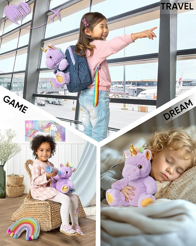 Unicorn Toys for Girls Age 4-6, Unicorn Gifts for 4 Year Old Girl, Birthday Gift 5 Year Old Boy, Small Toddler Backpack Age 2-6 (10’’h) w Detachable Purple Toy, Side&Inner Pockets, Reflective Logo