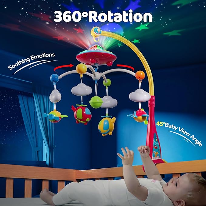 BOBXIN Baby Mobile for Crib, Crib Mobile with Projector and 108 Melodies Music, Crib Toys with Remote Control and Hanging Rattles Rotating,Toy for Newborn and Baby Boy Girl Sleep