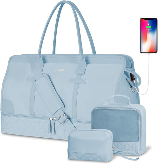 ETRONIK Weekender Overnight Bag for Women, Large Travel Duffle Bag with Shoe Compartment & Wet Pocket, Carry On Tote Bag Gym Duffel Bag with Toiletry Bag, 3 Pcs Set, Large Size, Light Blue