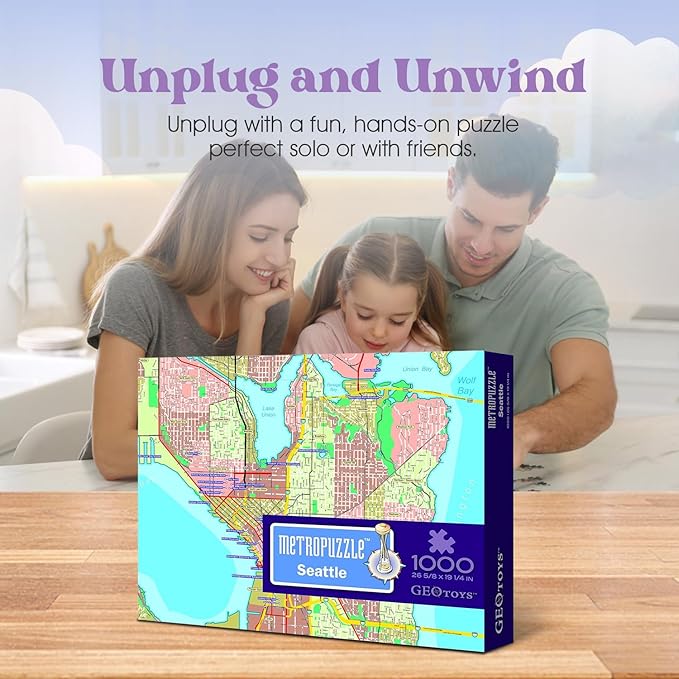 GeoToys Metropuzzle, Seattle Map Jigsaw Puzzles 1000 Pieces - 27 x 19 Detailed Geography Puzzle, Challenging Adult Puzzle, Fun Puzzles for Adults, Map Poster Included for Adults