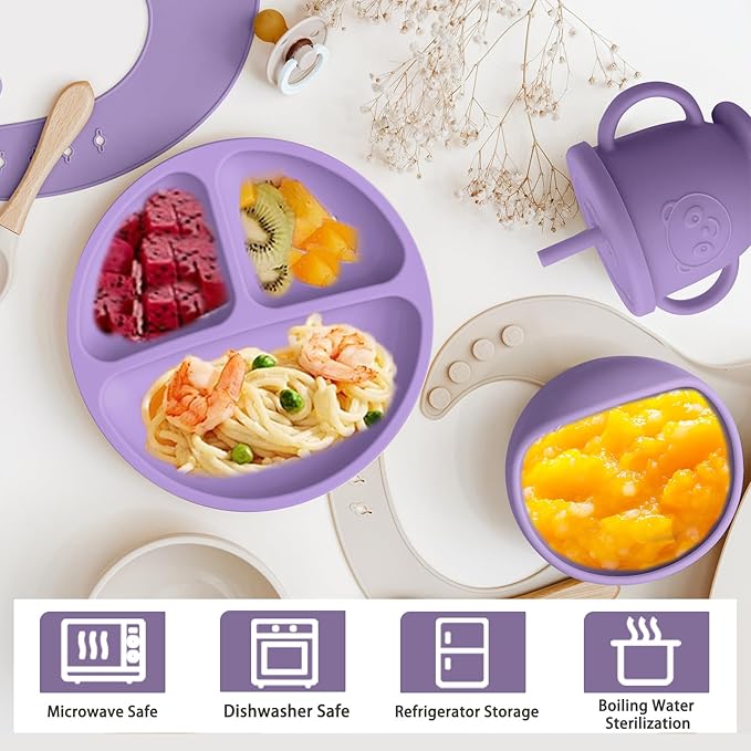 Silicone Baby Feeding Set | Baby Led Weaning Supplies Includes Suction Bowls and Divided Plates, Adjustable Bib, Baby Utensils Spoons and Forks,Cup | Baby Feeding Essentials (Purple)