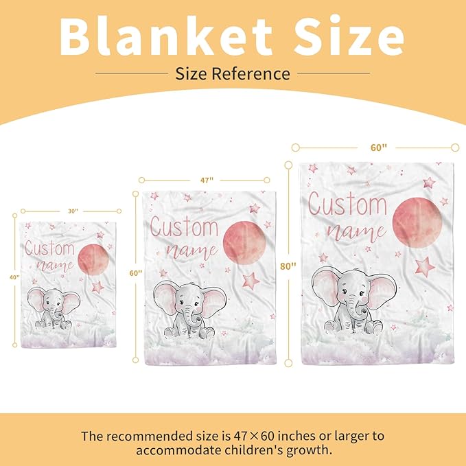Personalized Baby Blanket, Customized Newborn Blankets with Name, Soft Receiving Blanket for Girl Boy, Pink Elephant Double Layer Dotted Swaddle, Nursery Toddler (60"x80")