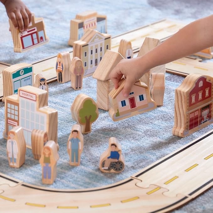 Kaplan Early Learning Community Block Set - 20 Pieces, Wooden Town Building Blocks for Dramatic Play and Storytelling, Includes School, Hospital, Bakery, Vehicles, and More for Toddlers, Ages 2+