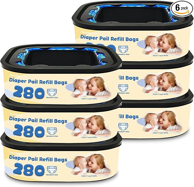 Standard Square Refills Disposal Bags Refill Compatible with Diaper Genie Compact, Select & Classic Pails — Holds Up to 280 Newbomn Diapers Per Refill, 7-Layer EVOH Film, Max Odor Control, 6 Pack