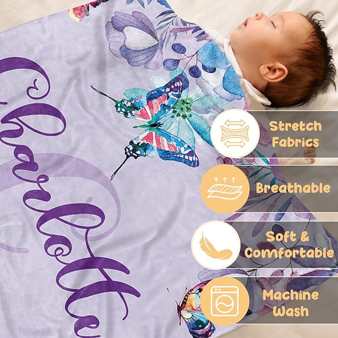 Personalized Baby Blanket, Custom Name Baby Blanket for Girl Boy, Purple Butterfly Double Layer Dotted Backing Receiving Swaddle Blankets, Toddlers Infants New Parents Customized Gifts(60"x80")