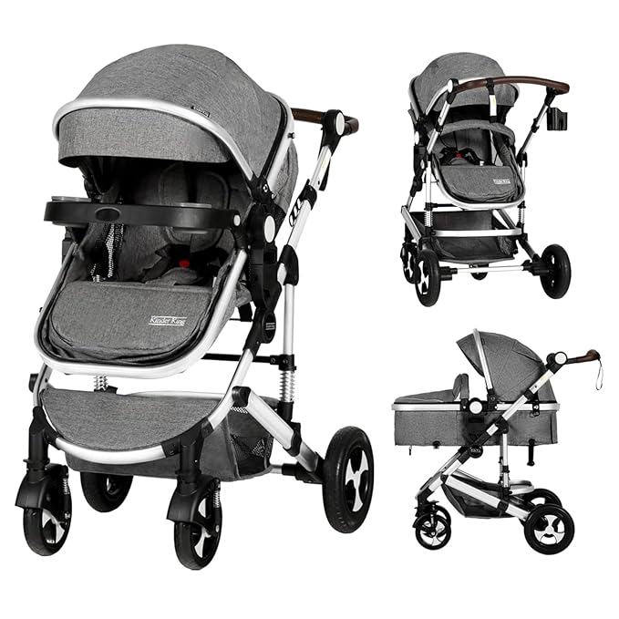 Kinder King 3 in 1 Reversible Baby Stroller w/Detachable Tray, Convert to Newborn Pram, Folding Infant Carriage for Toddler, Adjustable Canopy & Handle, Aluminum Alloy, Suspension Wheels