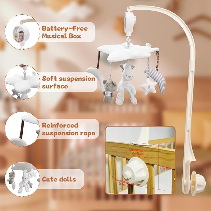 Baby Crib Mobile for Boys or Girls, Mobile Arm&Rotary Music Box Featuring Rabbits Bears Hanging Toys Decor for Montessori Nordic Infant Bedroom Perfect 0 1 2 3 Baby Shower Birthday Christmas Gift