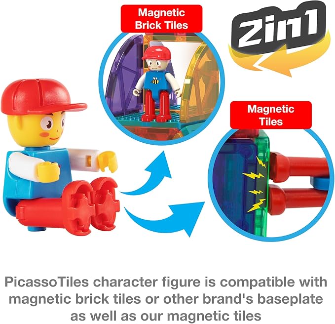 PicassoTiles 333pcs Magnetic Brick Tile and Magnetic Tile Combo Set, Action Figures included, Building Blocks STEM Toys, Educational Montessori Preschool Toddler classroom learning toys, Kids activity