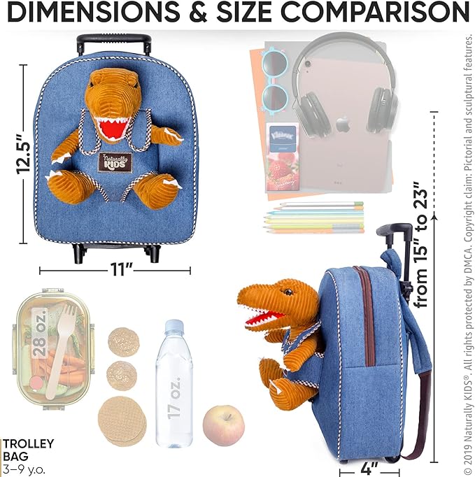 Toddler Luggage for Boys w Dinosaur Toys, Kids Rolling Backpack for Boys, Toddler Suitcase, Gifts for 3 4 5 6 Year Old
