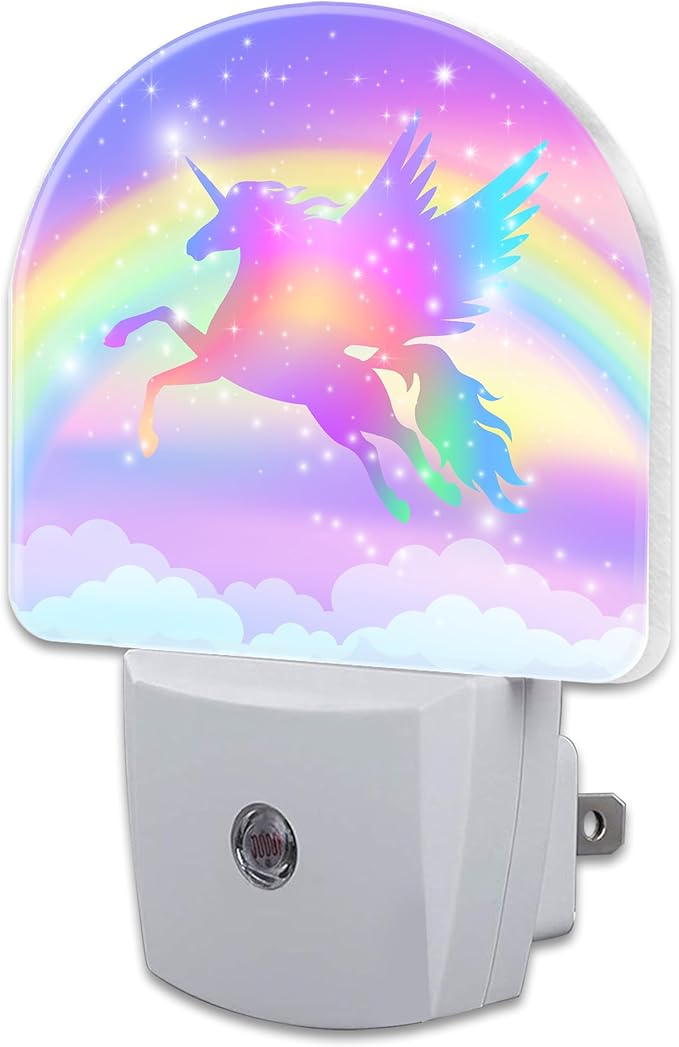 Flying Unicorn and Rainbows Night Light Plug into Wall, Shining Stars and Unicorn Dusk to Dawn Night Light,0.5w Energy Saving Sleep Friendly Nightlights for Kids Boys Girls Home Decor