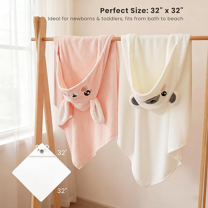 Konssy 2-Pack Hooded Baby Towels, 32" × 32" Soft & Absorbent Plush Fleece, Cute Animal Hood, Baby Bath Towels for Newborns & Toddlers, Boys & Girls