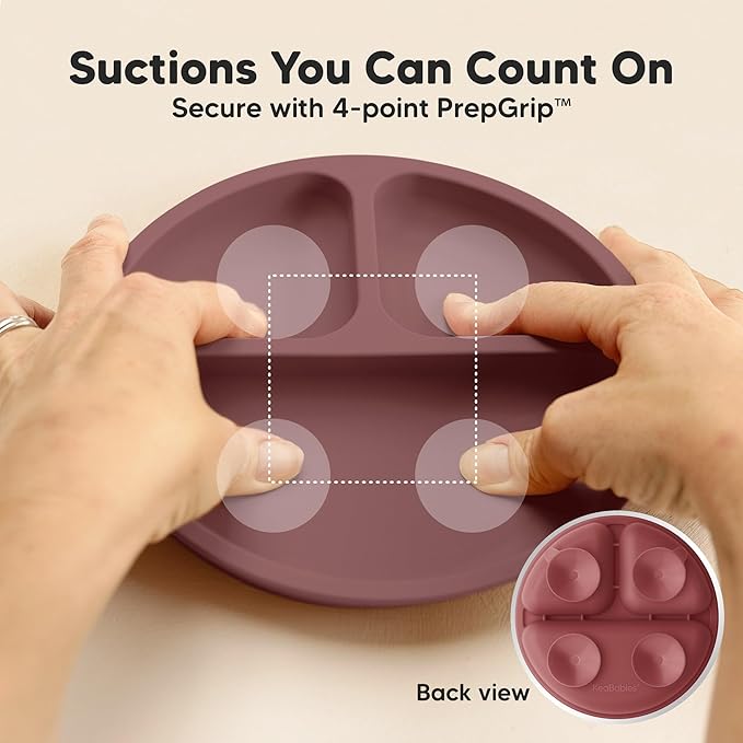 KeaBabies Suction Plates for Baby, Toddler - 3-Pack 100% Silicone Toddler Plates with Suction, Divided, BPA-Free Baby Led Weaning Essentials for Kids, Dishwasher, Microwave Safe, Durable (Burgundy)