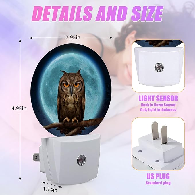 Owl Moon Night Light LED Lamp Round Plug into Wall Nightlight with Dusk to Dawn Sensor Home Hallway Stairway Kitchen Decor