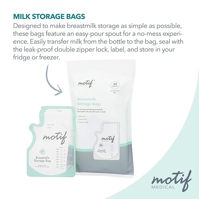 Motif Medical Breastmilk Storage Bags - Breastmilk Freezer Bags w/Easy Pour Spout, Write-On Label - Leak-Proof Double Zipper Milk Bags for Breastmilk - Breastfeeding Mom Gifts (6 Oz, 40 Count)